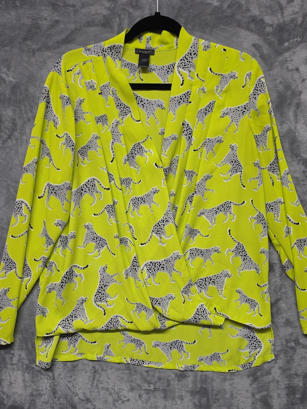 Ann Taylor Factory Neon Yellow Leopard-Print Blouse sz Large